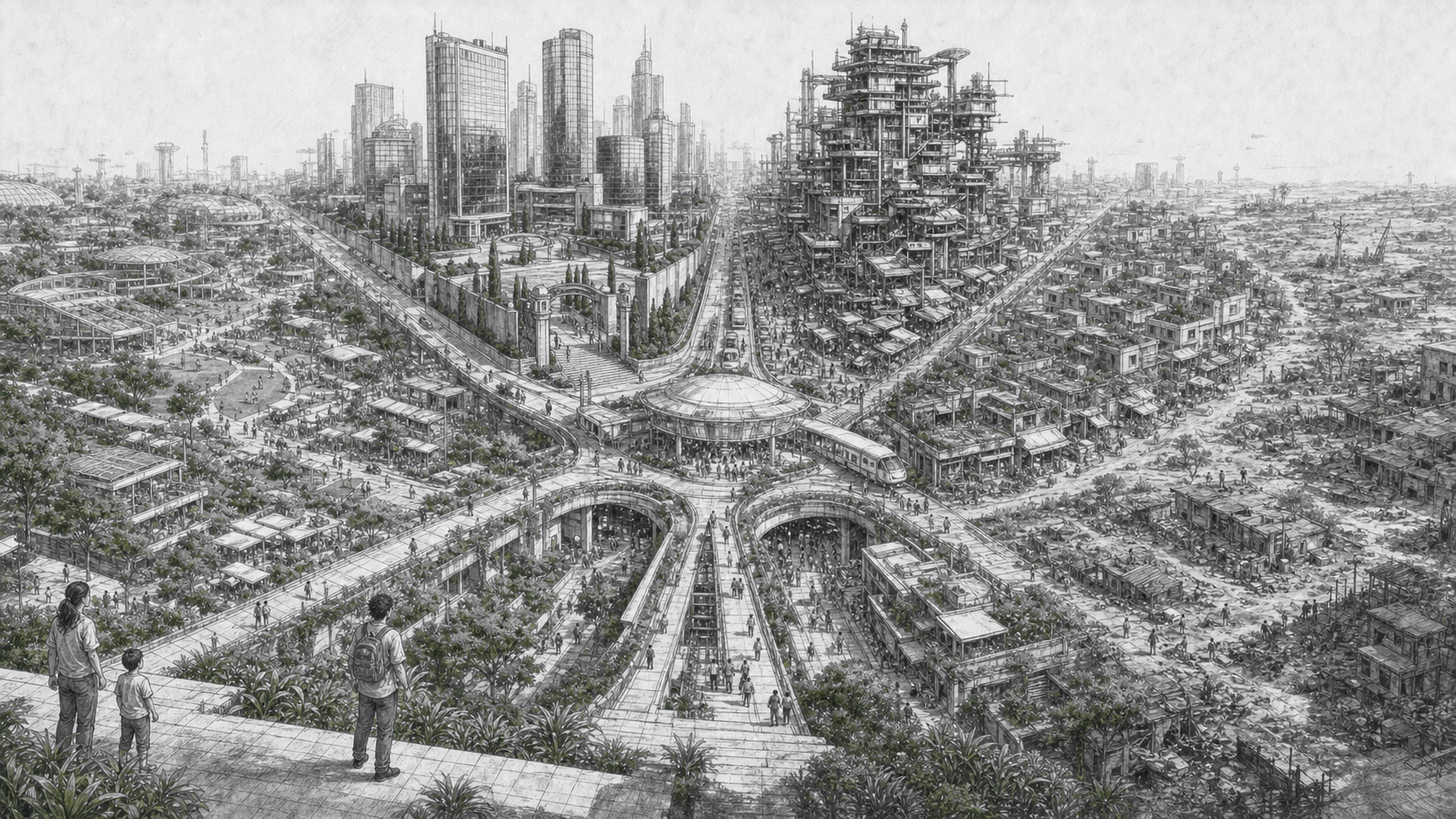 Panoramic black-and-white ink drawing of a central transit crossroads branching into green public commons, a gated corporate district, dense platform towers, independent communities, and a fragmented settlement.