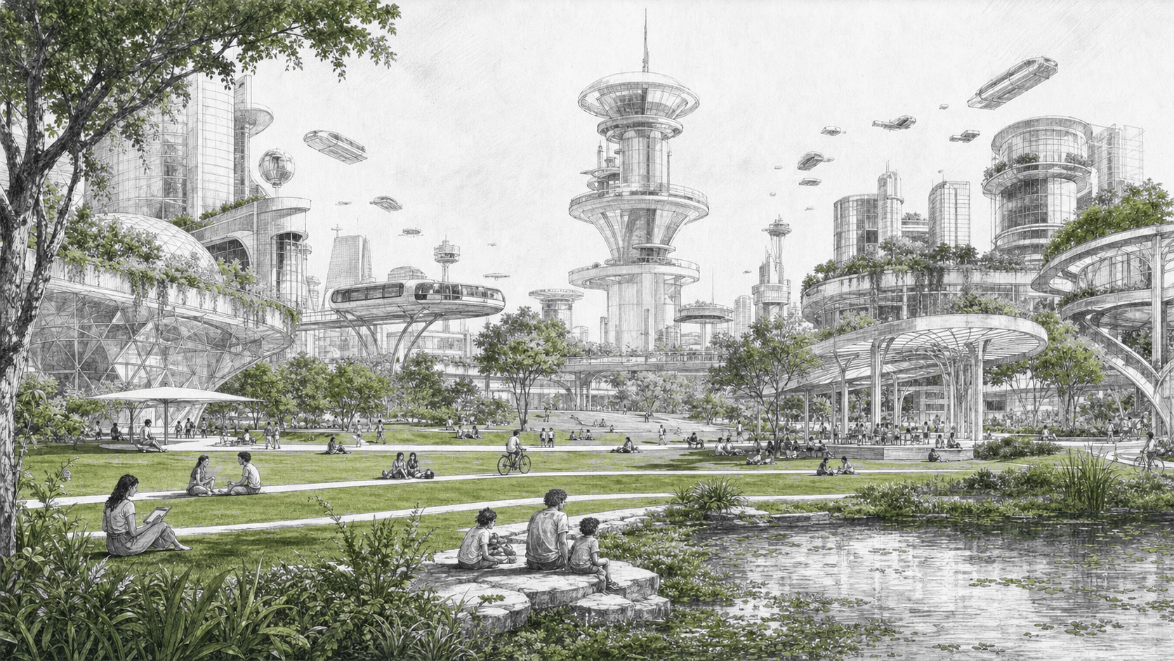 Black-and-white sketch of a green civic district with public buildings, elevated transit, water, gardens, and people sharing the space.