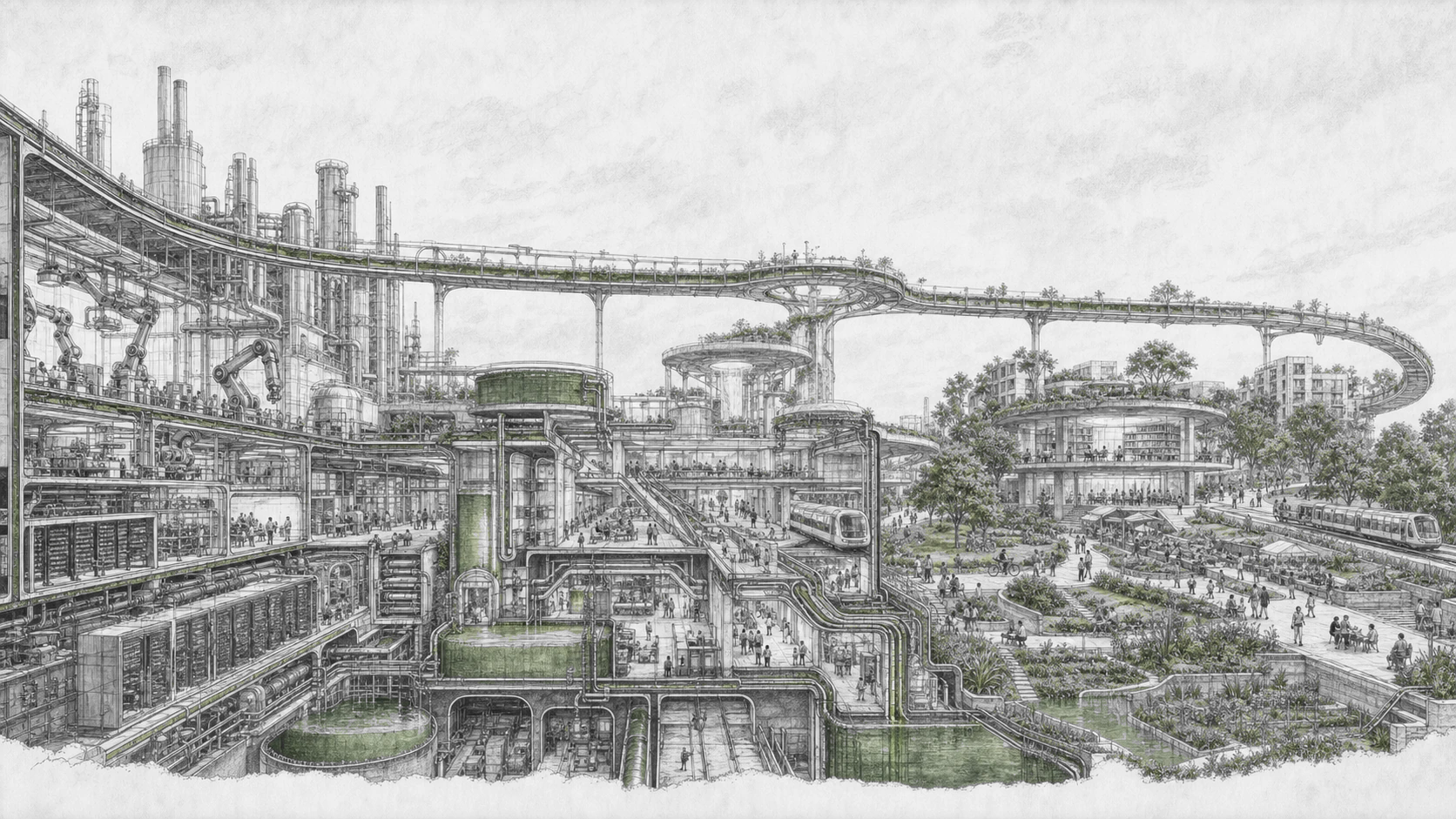 Black-and-white ink drawing of automated factories and server halls feeding green-lined infrastructure into a public park, transit system, and civic district.